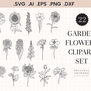 Garden Flowers SVG - Floral Svg Bundle - Svg Files for Cricut Silhouette - DXF PNG - Instant Download - Bouquet Line Art Sunflower Clipart