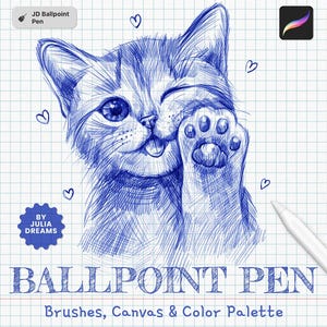 Può includere: Un'illustrazione digitale di un gattino che fa l'occhiolino e alza una zampa, realizzata in stile penna a sfera blu su carta a quadretti. L'immagine include il testo "JD Ballpoint Pen", "BY JULIA DREAMS" e "BALLPOINT PEN Brushes, Canvas & Color Palette".