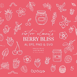 Clipart vetorial de Berry Bliss - Berries SVG - Summer PNG - Nature Clipart - Silhouette Berries - Floral Garden - Logo Line Art - Morango