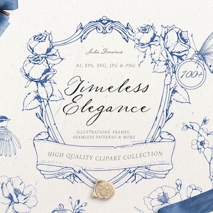 Timeless Elegance Vintage Wedding Clipart - Vector azul SVG - Papeles digitales - Corona de marco de borde de cresta - Línea de bellas artes barroca Botánica