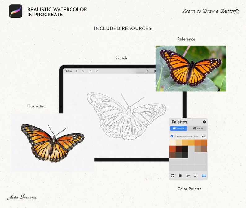 May include: A digital illustration tutorial for drawing a realistic watercolor butterfly. The tutorial includes a reference image, a sketch, a color palette, and a final illustration.