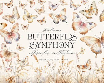 Butterfly Symphony Watercolor Digital Clipart Set - Scrapbook Clipart - Digital Papers - Baby Shower Pattern - PNG Clip Art - Butterflies