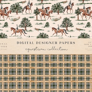 May include: A digital paper pattern featuring a repeating design of riders on horses in a green field. The pattern is on a cream background. The text "DIGITAL DESIGNER PAPERS equestrian collection" is at the top of the image. The bottom half of the image is a green and brown plaid pattern.