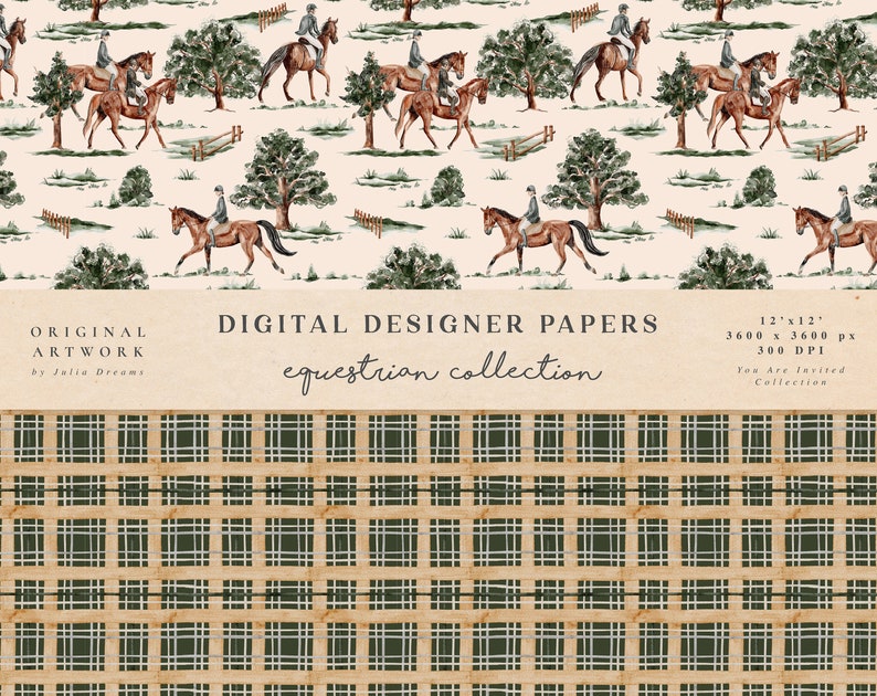 May include: A digital paper pattern featuring a repeating design of riders on horses in a green field. The pattern is on a cream background. The text "DIGITAL DESIGNER PAPERS equestrian collection" is at the top of the image. The bottom half of the image is a green and brown plaid pattern.