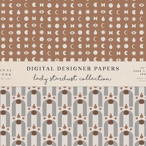 Puede incluir: Un patr&oacute;n de papel digital con un dise&ntilde;o repetitivo de arcos, estrellas y c&iacute;rculos en tonos marrones, grises y blancos. El texto "lady stardust collection" se muestra en la parte superior de la imagen.