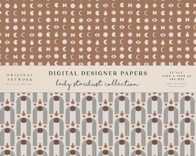Puede incluir: Un patr&oacute;n de papel digital con un dise&ntilde;o repetitivo de arcos, estrellas y c&iacute;rculos en tonos marrones, grises y blancos. El texto "lady stardust collection" se muestra en la parte superior de la imagen.