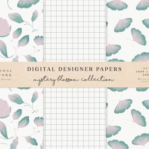 Peut inclure: Trois papiers numériques avec un motif répétitif de fleurs roses et vertes, un motif de grille et des papillons roses et verts sur fond blanc. Le texte "DIGITAL DESIGNER PAPERS mystery blossom collection" est affiché sur une bannière brune.