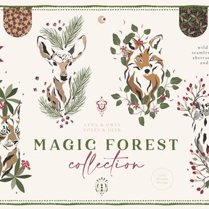 Magic Forest - Clipart numérique - Clipart de vacances - Impressions de Noël - Forest Art - Animaux Cerfs Hibou Fox Lynx - Christmas Clipart Frames