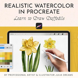 Tutorial Realistic Watercolor in Procreate Daffodils - Procreate Watercolor Flowers - Drawing Video Watercolor Course - How to Draw Flower
