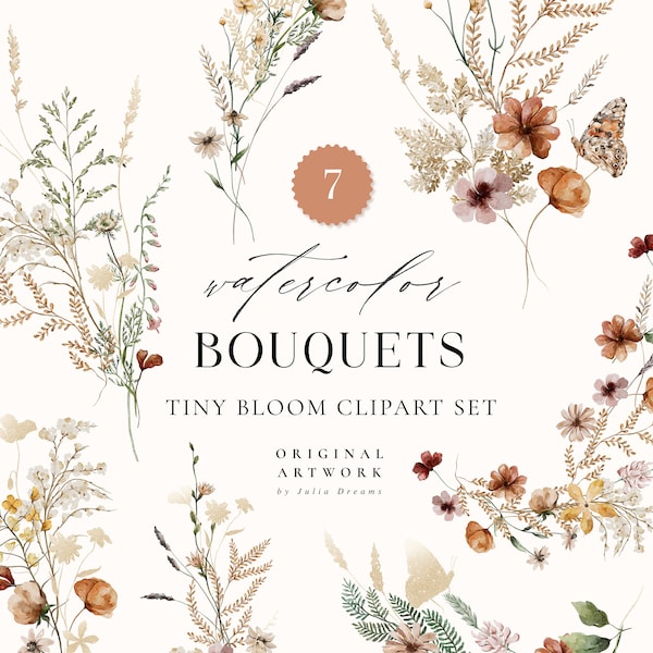 Tiny Bloom Floral Bouquet - Clipart de logotipo floral - Arreglos - Invitación a la boda - Clipart digital PNG - Wildflowers Meadow Flowers Clip Art