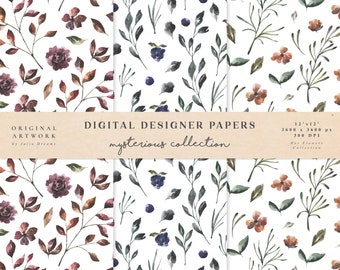 Digital Paper - Scrapbook Papers - Seamless Patterns - Digital Background - Printable Paper Set - Mysterious Watercolor Floral Pattern Set
