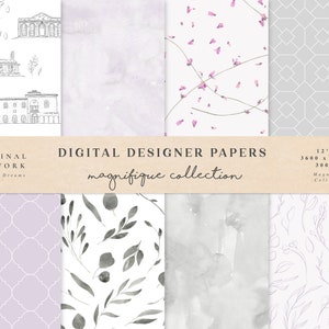 Magnifique Digital Papers - Zastosowanie komercyjne - Papier do scrapbookingu - Wzór bezszwowy - Tło z papieru designerskiego - Fioletowe budynki akwarelowe
