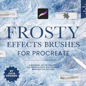May include: A set of digital brushes for Procreate called "Frosty Effects Brushes" by Julia Dreams. The brushes are designed to create realistic frosty effects. The image shows a variety of brush strokes, including lines, textures, and stars. The brushes are compatible with the Procreate app.