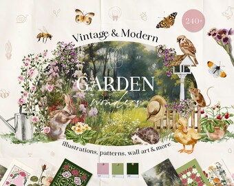 May include: A digital illustration set featuring over 240 vintage and modern garden illustrations, patterns, and wall art. The set includes images of flowers, birds, butterflies, rabbits, hedgehogs, and other garden creatures. The text "Vintage & Modern Garden Wonders" is displayed at the top of the image.