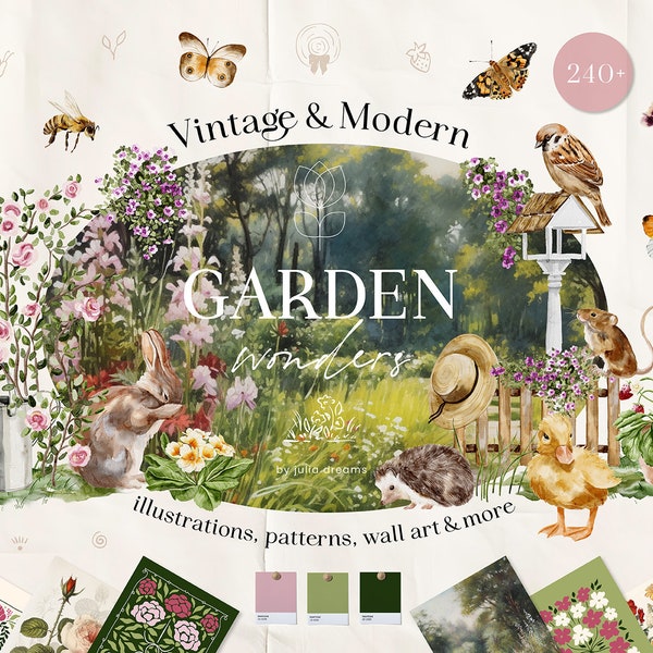 Garden Wonders Aquarell Digital Clipart Set - Blumen Elemente - Aquarell Tiere - Logo Garten Schmetterling Download Digital Papers