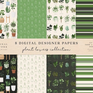 Plant Lovers Digital Papers - House Plants Clipart - Jardinería Descargar - Planta de serpiente Monstera Cactus - Impresión de vegetación - Arte floral de flores