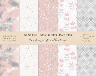 May include: Set of four digital paper designs in a pink and gray color scheme. The designs include a marble pattern, a geometric pattern, a floral pattern, and a geometric pattern with squares.