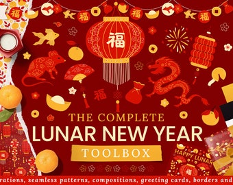 Lunar New Year Chinese Clipart - Svg Bundle Download - Digital Papers - Instant Download - Invite Cards Wall Art - Animals Signs Red Gold