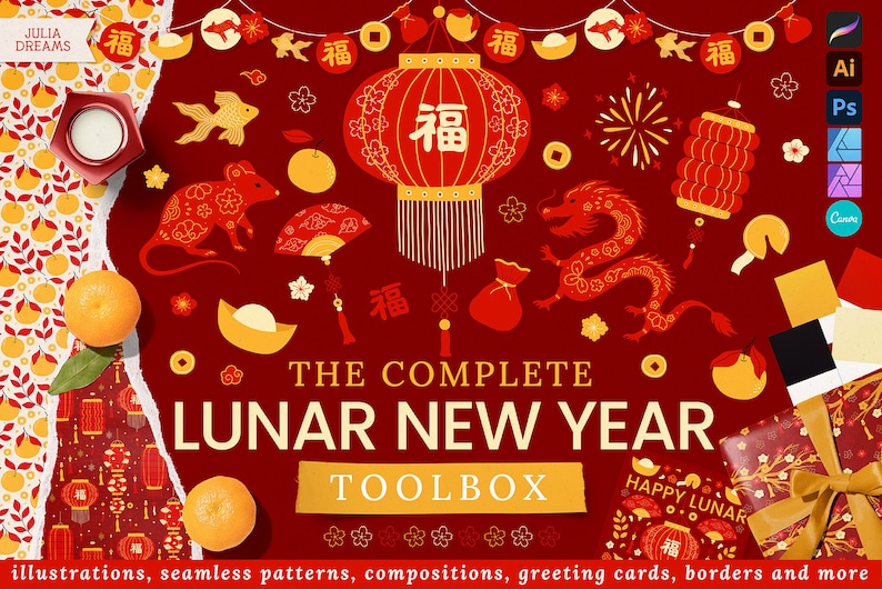 Lunar New Year Chinese Clipart Svg Bundle Download Digital Papers Instant Download Invite Cards Wall Art Animals Signs Red Gold image 1