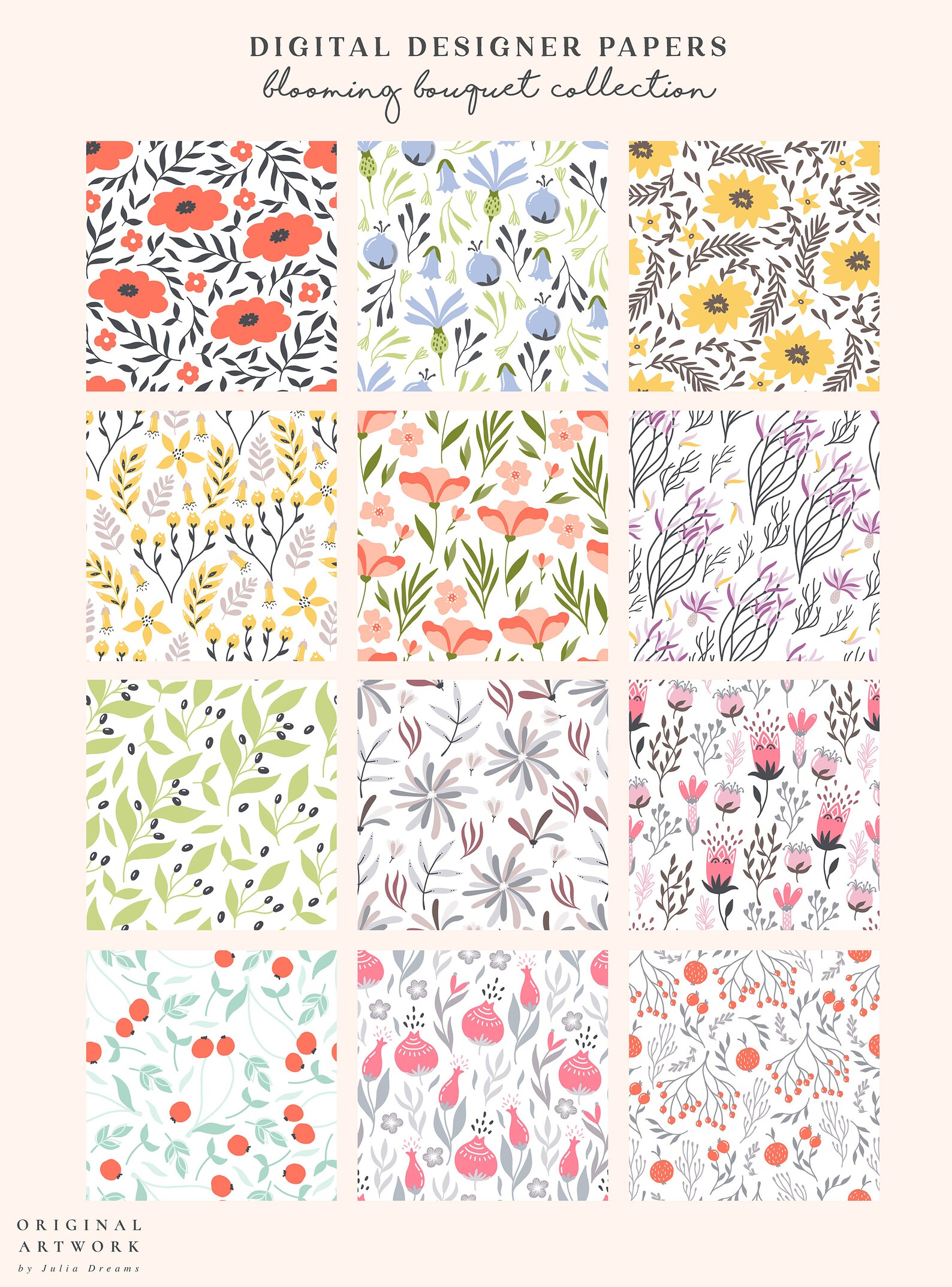 Blooming Bouquet Digital Paper Set - Scrapbook Paper - Seamless ...