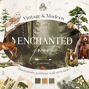 Conjunto de imágenes prediseñadas digitales del bosque de acuarela encantado - Invitación de boda - Elementos florales - Árboles de acuarela - Logo Deer Bear - Papeles digitales