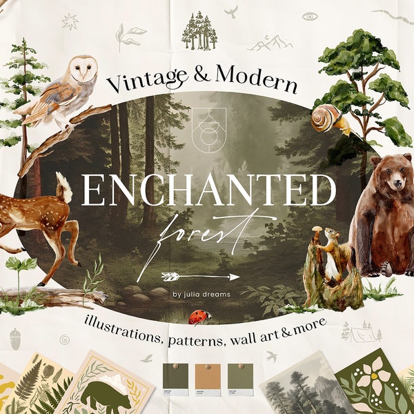 Enchanted Watercolor Forest Digital Clipart Set - Wedding Invitation - Floral Elements - Watercolor Trees - Logo Deer Bear - Digital Papers