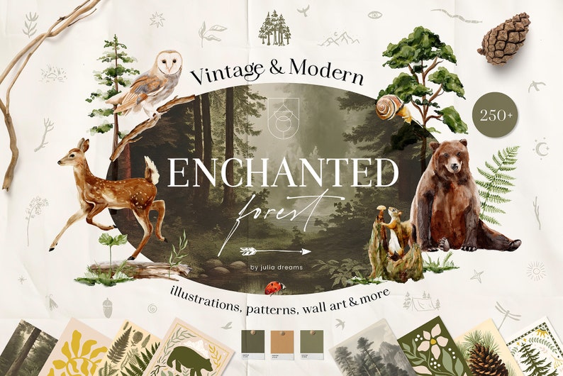 Enchanted Watercolor Forest Digital Clipart Set Wedding Invitation Floral Elements Watercolor Trees Logo Deer Bear Digital Papers image 1