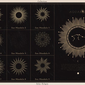 Op de afbeelding: Een digitale illustratie in zwart en goud van negen zon-mandala's en het sterrenbeeld Waterman. De tekst "Julia Dreams Design", "Collection", "Solar Eclipse", "Celestial" en "AQUARIUS" is opgenomen in de afbeelding.