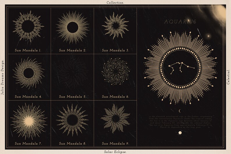 Op de afbeelding: Een digitale illustratie in zwart en goud van negen zon-mandala's en het sterrenbeeld Waterman. De tekst "Julia Dreams Design", "Collection", "Solar Eclipse", "Celestial" en "AQUARIUS" is opgenomen in de afbeelding.