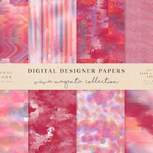 May include: A set of eight digital paper designs in various shades of pink, red, and purple. The papers feature abstract patterns and textures, including stripes, swirls, and speckles. The papers are 12 inches by 12 inches and 300 DPI. The papers are part of the "Viva Magenta" collection.