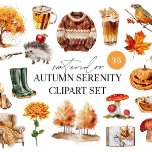 Aquarel herfst sereniteit digitale clipartset - herfstseizoen - huwelijksuitnodiging - bloemenelementen - aquarellogo pompoenbladboom