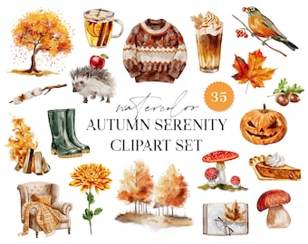 Watercolor Autumn Serenity Digital Clipart Set - Fall Season - Wedding Invitation - Floral Elements - Watercolor Logo Pumpkin Leaf Tree