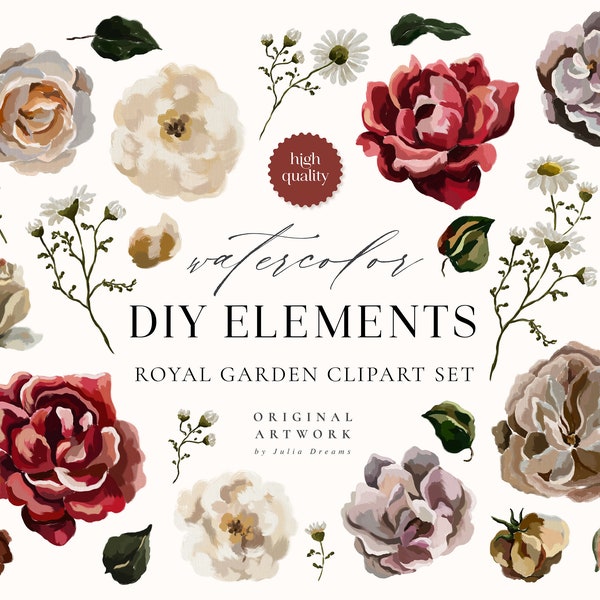 Royal Garden Oil Digital Clipart - Dutch Flowers Oil Painting - Individual PNG Files - Wedding - Dark Floral Elements - DIY Flowers Rose