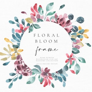 Puede incluir: Corona de flores de acuarela con flores y hojas rosas, rojas y azules. El texto "FLORAL BLOOM frame" está en el centro de la corona.