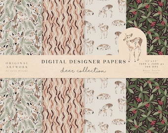 Deer Digital Papers - Commercial Use - Scrapbook Paper - Seamless Pattern - Forest Designer Paper - Background - Planner Supplies - Download