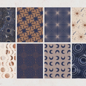 May include: Eight celestial-themed seamless patterns in navy, tan, and gold. Designs include suns, moons, stars, and geometric shapes. The word "Seamless" is written in a script font on the left side of the image.