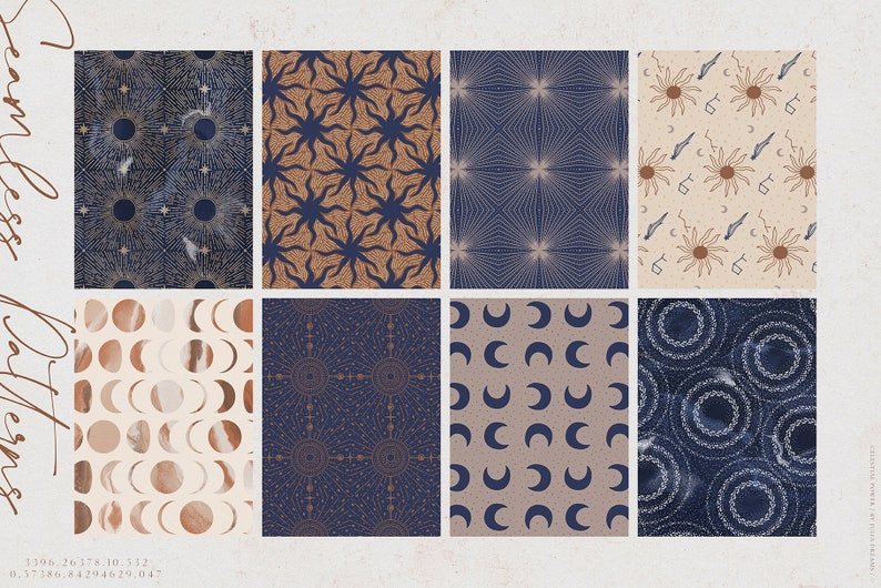 May include: Eight celestial-themed seamless patterns in navy, tan, and gold. Designs include suns, moons, stars, and geometric shapes. The word "Seamless" is written in a script font on the left side of the image.