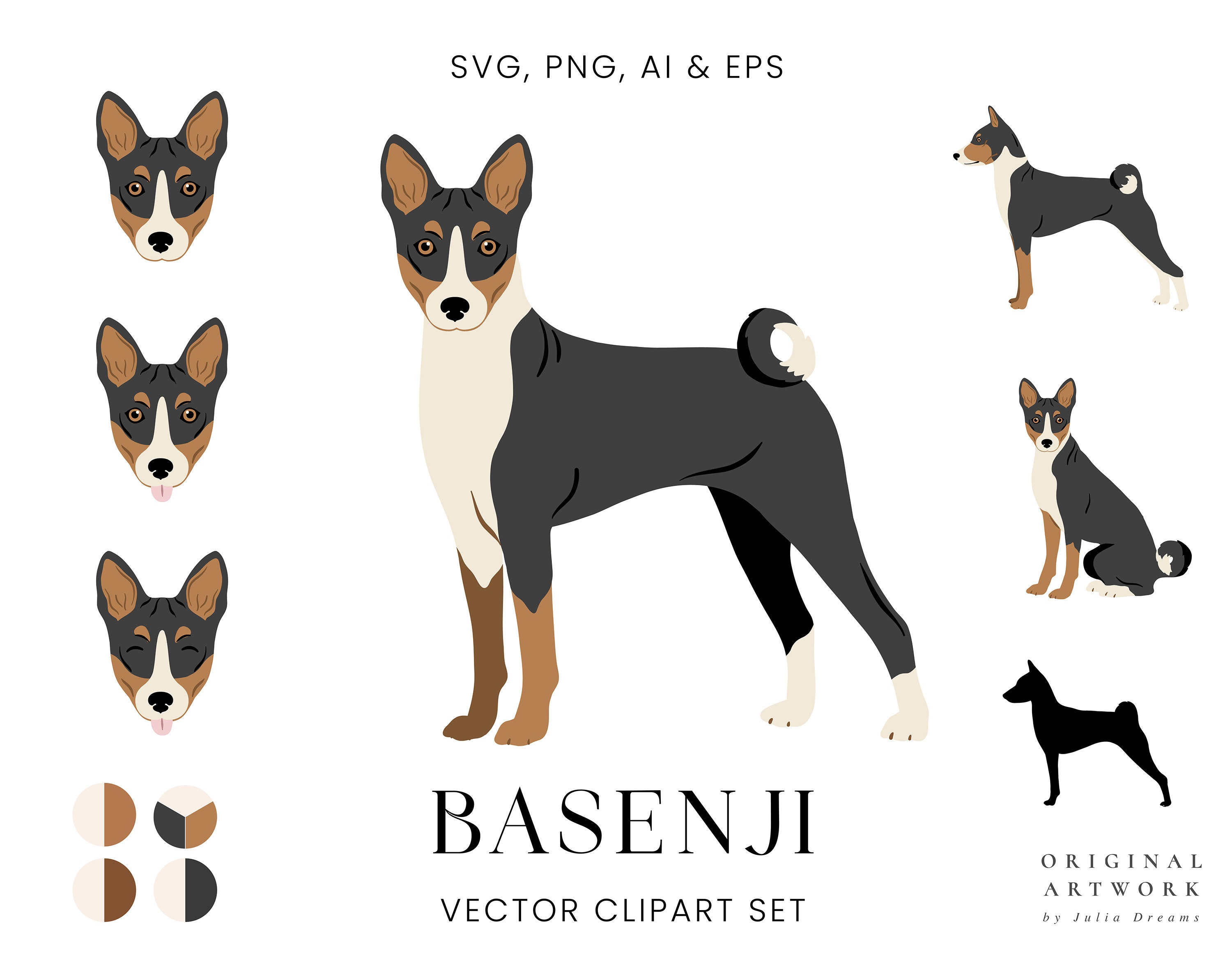 Basenji - Hunde Clipart Set - Hunderassen - Digital PNG SVG Vektor - süße Tiere Haustiere Portrait Welpe - kommerzielle Nutzung Print Aufkleber