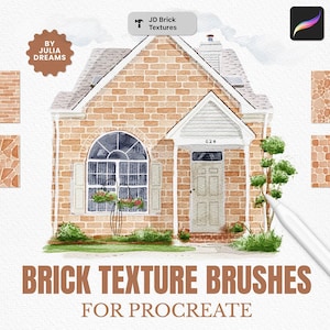 May include: A digital collection of brick texture brushes for Procreate featuring a central watercolor illustration of a brick house, surrounded by various rectangular swatches of different brick and stone patterns with the text BRICK TEXTURE BRUSHES.