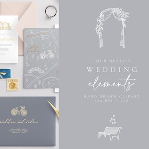 Ilustraciones de elementos de boda - Invitación floral - Digital Rustic Clipart - Invitación de boda - Bellas artes línea de arte arte - casa - mapa flores hojas