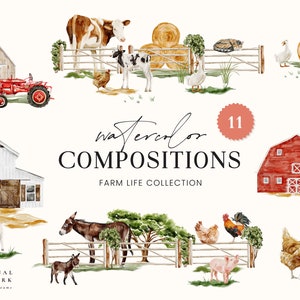 May include: Watercolour illustrations of farm life, including a red barn, a white barn, a tractor, a cow, a donkey, a pig, chickens, and hay bales. The text "Watercolor Compositions Farm Life Collection" is displayed in the centre of the image.