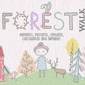 Forest Walk Clipart Collection - Kids PNG - Children Boy and Girl Clipart - Baby Nursery - Cute Animals Bunny Birds Tree - Alfabet