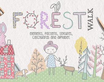 Puede incluir: Un conjunto de ilustraciones dibujadas a mano con temática de bosque. El conjunto incluye elementos como árboles, un ciervo, un conejo, una casa, una niña y la palabra "FOREST WALK". Las ilustraciones están en un estilo caprichoso con una paleta de colores pastel.