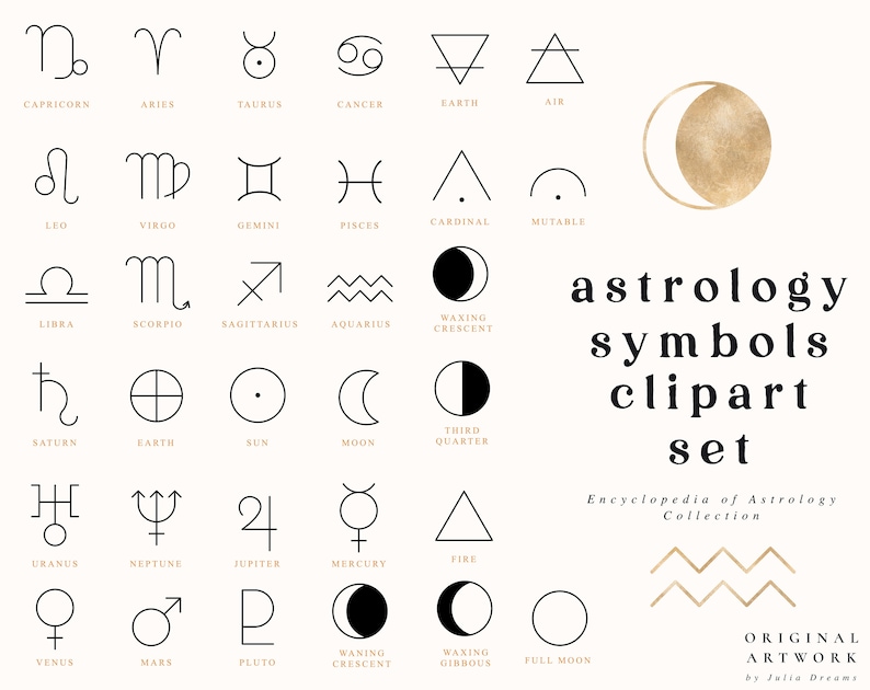 May include: A set of black and white astrology symbols, including the zodiac signs, planets, and moon phases. The symbols are arranged in a grid on a white background. The text "astrology symbols clipart set" is written in black at the bottom of the image.