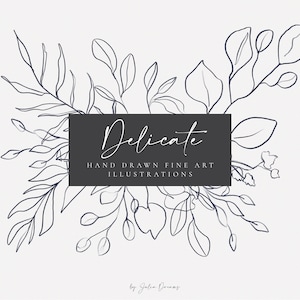 Flower Fine Hand Drawn Line Clip Art - Individual PNG files - Hand Painted Wedding Design - Rustic - Floral Pencil Graphics - Elements Art