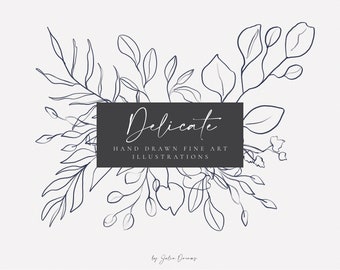 Flower Fine Hand Drawn Line Clip Art - Individual PNG files - Hand Painted Wedding Design - Rustic - Floral Pencil Graphics - Elements Art