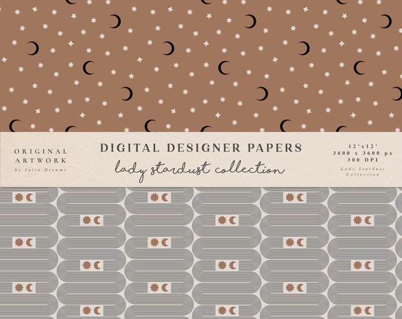 Puede incluir: Un patr&oacute;n de papel digital con un dise&ntilde;o repetitivo de lunas crecientes y estrellas sobre un fondo marr&oacute;n. El texto "DIGITAL DESIGNER PAPERS lady stardust collection" est&aacute; en la parte superior de la imagen. El patr&oacute;n mide 12 pulgadas por 12 pulgadas y 3600 p&iacute;xeles por 3600 p&iacute;xeles.