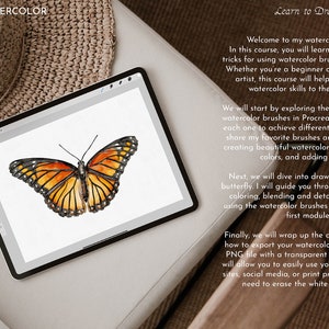 May include: A digital drawing tutorial on a tablet screen showing a watercolor butterfly with orange and black wings. The text on the screen reads "Learn to Draw a Butterfly" and describes the course content.
