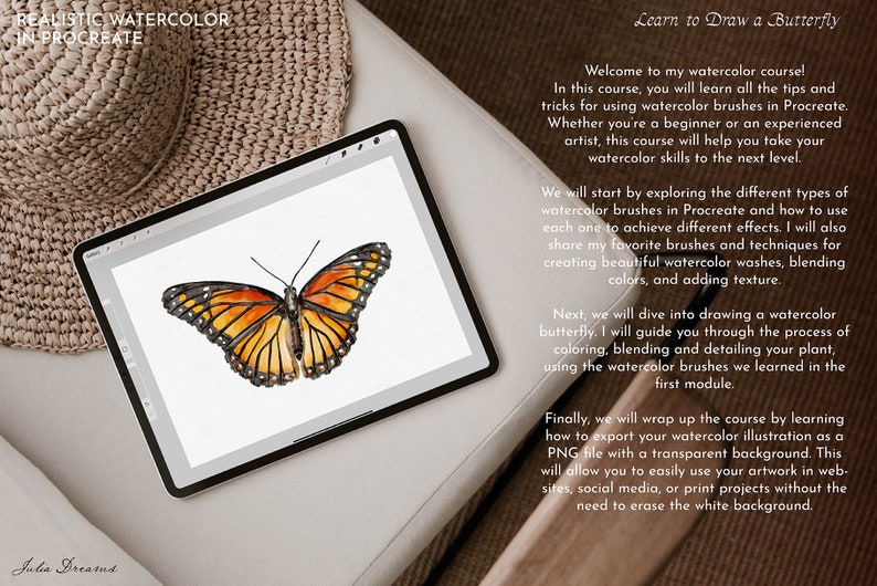 May include: A digital drawing tutorial on a tablet screen showing a watercolor butterfly with orange and black wings. The text on the screen reads "Learn to Draw a Butterfly" and describes the course content.