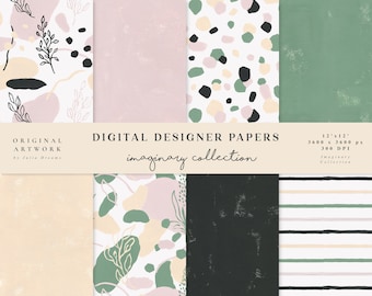 May include: A set of eight digital paper designs featuring abstract patterns in shades of green, pink, black, and cream. The patterns include dots, stripes, and organic shapes. The papers are 12 inches by 12 inches and 300 DPI. The text "ORIGINAL ARTWORK by Julia Dreams" and "DIGITAL DESIGNER PAPERS imaginary collection" is included in the image.